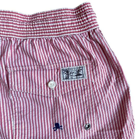 Polo Ralph Lauren Mens Seersucker Pinstripe Skull Embroidered Swim Shorts M Red - Picture 1 of 8